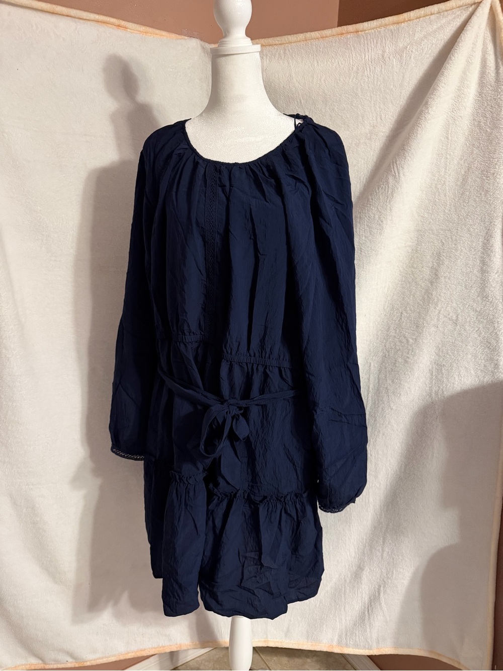 Time and Tru Navy Long Sleeve Tie-Waist Babydoll Dress